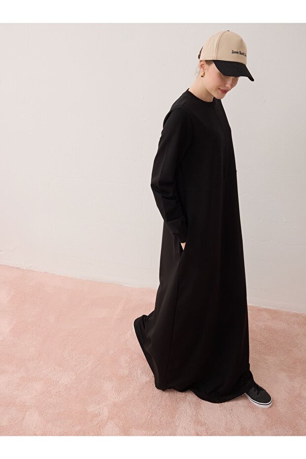 Cep Detaylı Basic Tesettür Elbise - Siyah - - 4