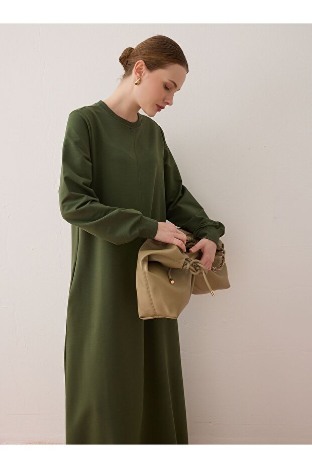 Cep Detaylı Basic Tesettür Elbise - Haki - - 4