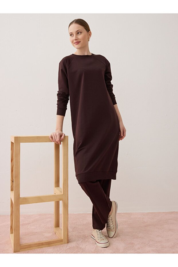 Basic Crew Neck Raglan Sleeve Long Two-Piece Tracksuit Set - Brown -
