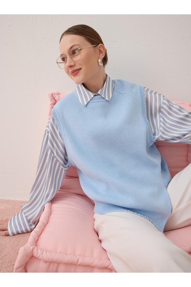 Triko Basic Süveter - Mavi - - 1