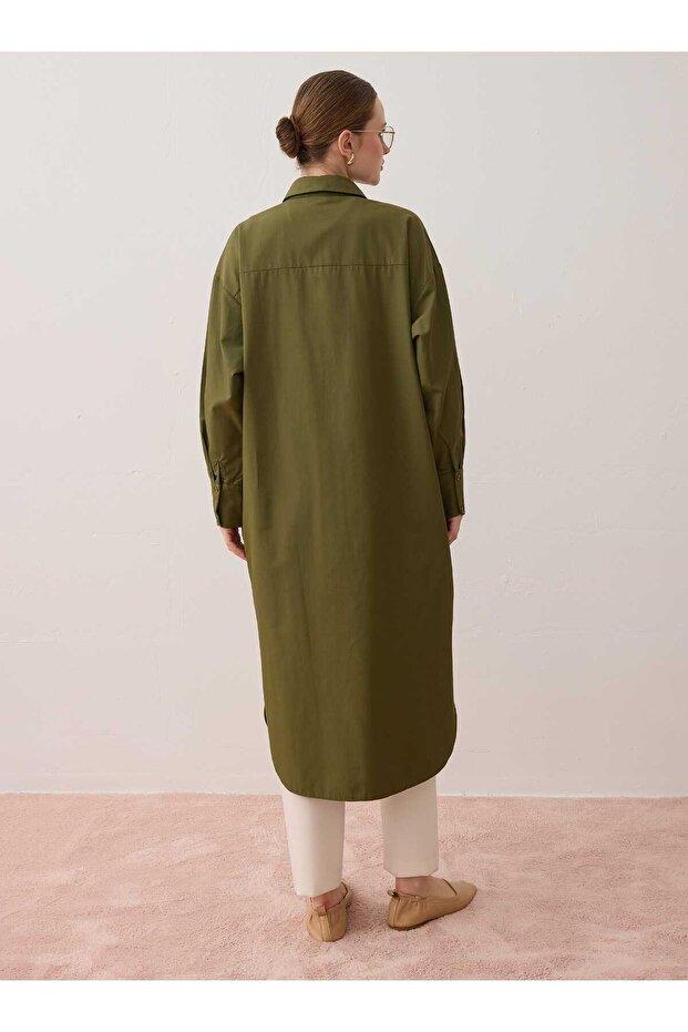 Poplin Kumaşlı Uzun Basic Gömlek - Haki - - 5