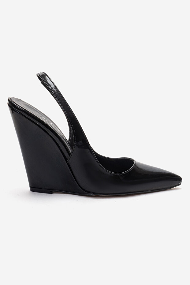Black Patent Leather Pointed Toe Wedge Heeled Open Back Women's Shoes Doly
