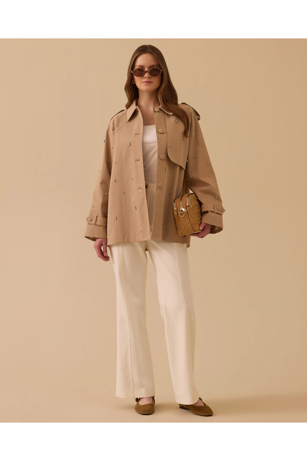 Taşlı Oversize Trençkot - 1