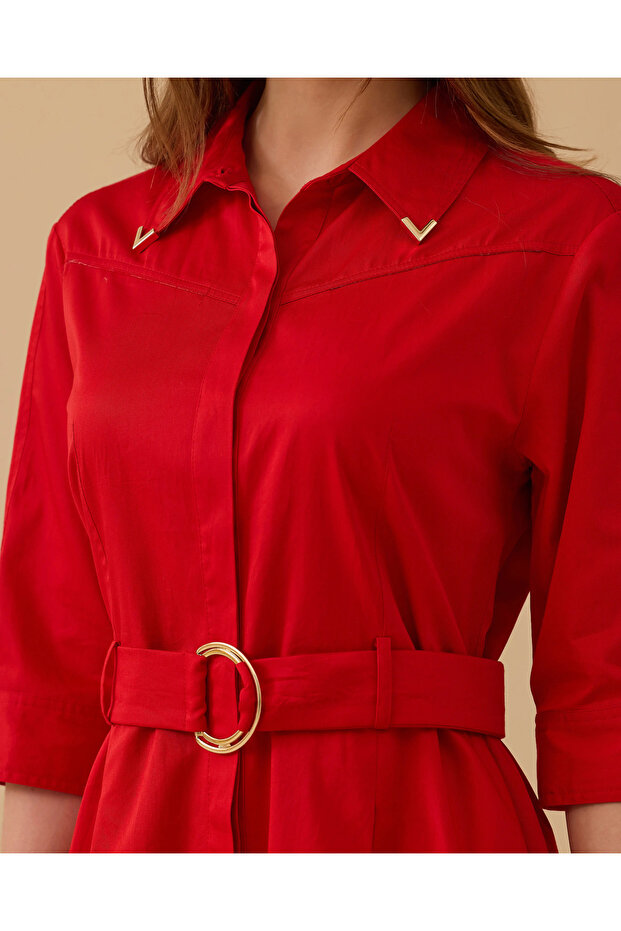 Kemerli Pile Detaylı Elbise - 5