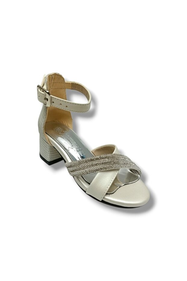 7454-26 Glittery Leather Stone Heeled Girls' Sandals 27-30