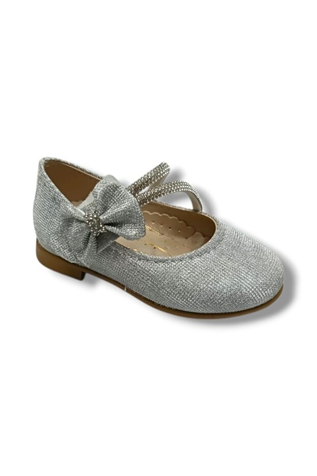 7050-26 Glittery Leather Stoned Double Strap Girls' Ballerinas 21-25