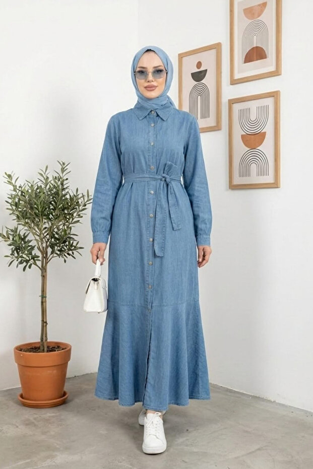 Women's Buttoned Belted Light Denim Blue Dress