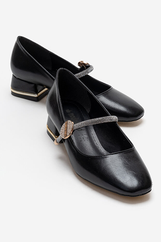 Stone-Studded, Blunt-Toed, Heeled Shoes, Black, Crinkled