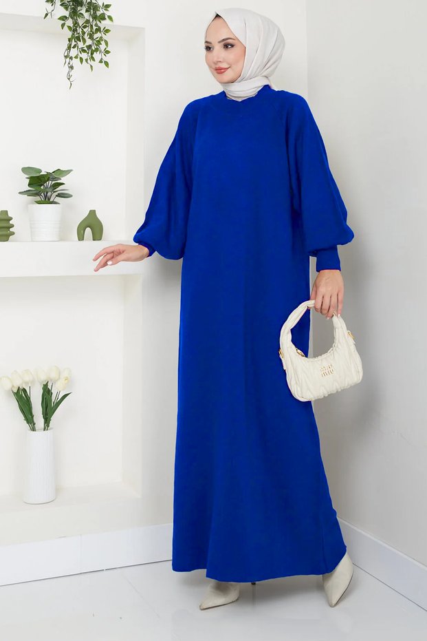 Women's Balloon Sleeve Knitwear Hijab Long Dress - Cobalt Blue