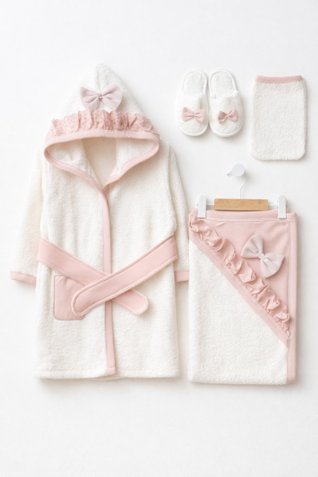 Girl's Bathrobe Set 4 Pieces: Eraser, Slippers, Towel and Bathrobe 0-3 Years Old