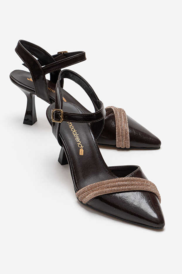 Women's Open-Back Heeled Shoes; Brown Crinkled