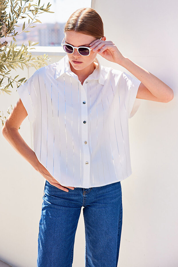 Women's Short Sleeve Striped Shirt 1342 - White