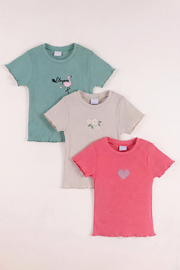 5-12 Years Old Girls' 3-Piece Embroidered Ribbed T-Shirt Lycra Flexible Summer Bodysuit Set