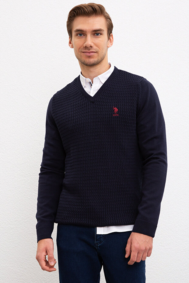 Men's Navy Blue V-Neck Basic Knitwear Sweater 50210287-Vr033