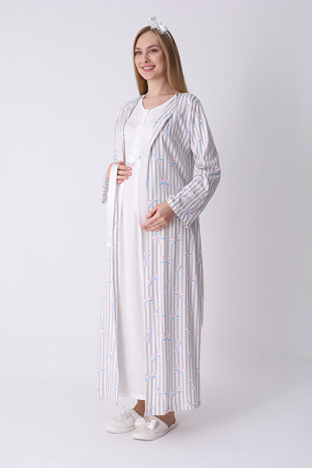 Maternity Nightgown and Dressing Gown Set – Maternity Nightgown Set, Crew Neck Striped Patterned Cotton Viscose