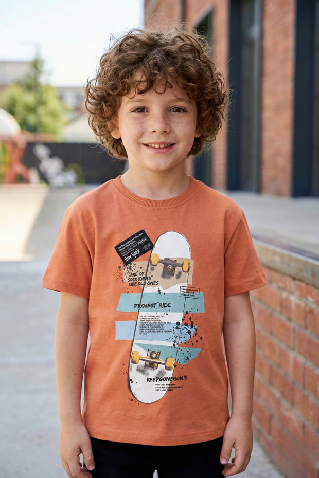 Boy's Orange Skateboard Printed 100% Cotton T-Shirt