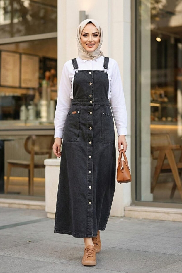 Women's Black Denim Salopet with Adjustable Straps, Buttons and Pockets