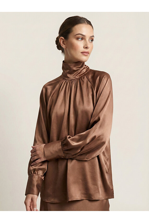 Women's Camel Balloon Sleeve Satin Shirt Nj99