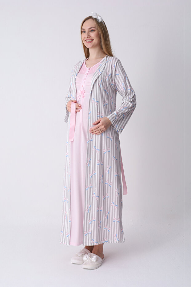 Maternity Nightgown and Dressing Gown Set – Maternity Nightgown Set, Crew Neck Striped Patterned Cotton Viscose