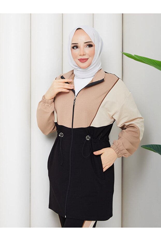 طقم بدلة رياضية نسائية من 3 قطع مصنوع من القطن بخيطين n-05497 _ أسود-بيج