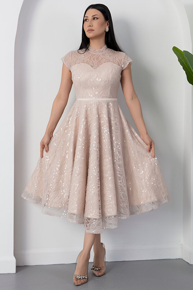 Bisiklet Yaka Gloplu Pul Payet Dantel Elbise BAL169 - 4