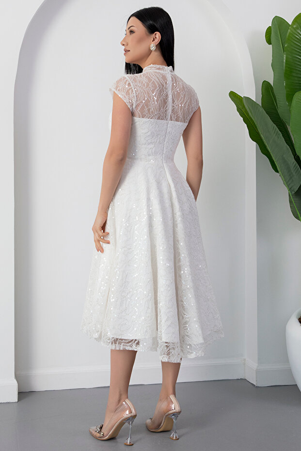 Bisiklet Yaka Gloplu Pul Payet Dantel Elbise BAL169 - 8