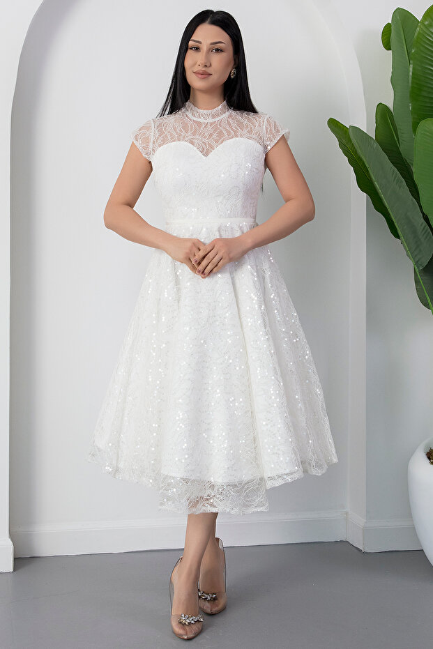 Bisiklet Yaka Gloplu Pul Payet Dantel Elbise BAL169 - 5