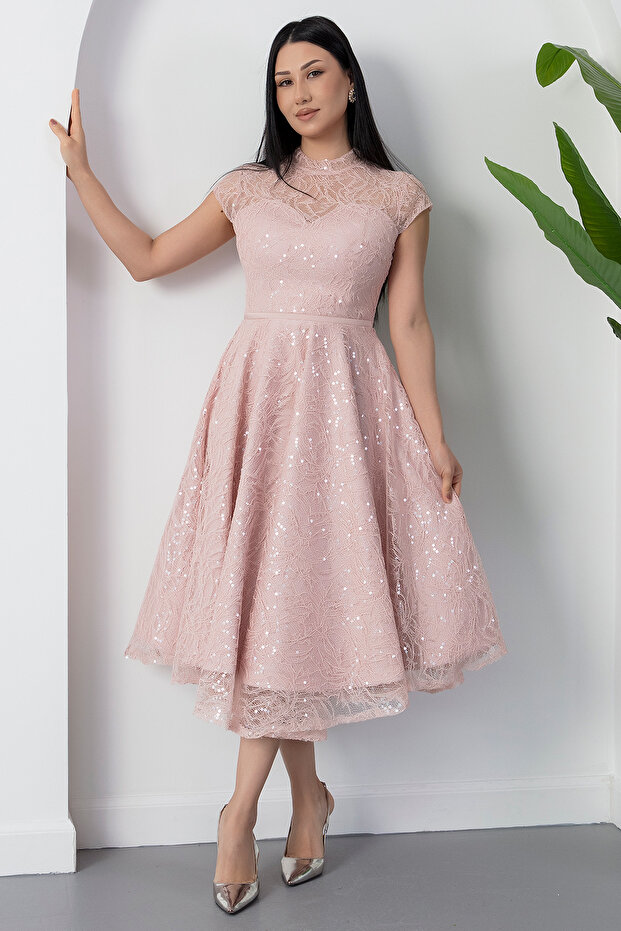 Bisiklet Yaka Gloplu Pul Payet Dantel Elbise BAL169 - 4