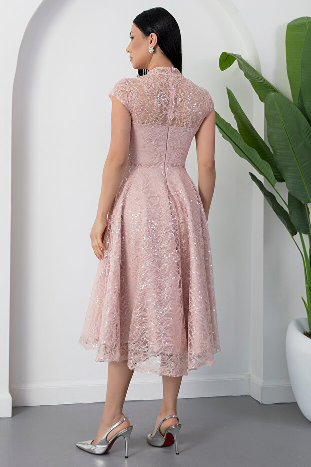 Bisiklet Yaka Gloplu Pul Payet Dantel Elbise BAL169 - 7