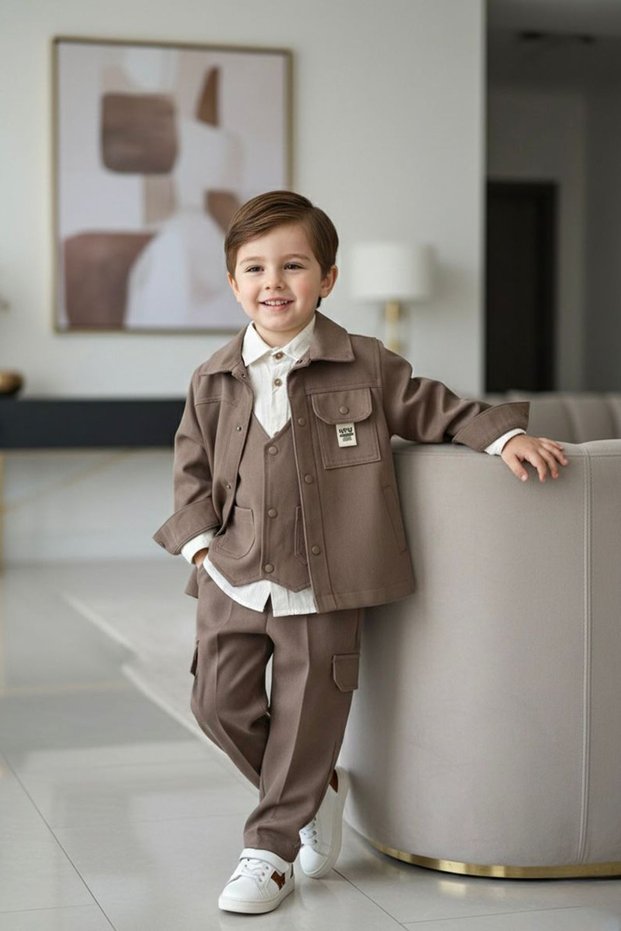 Miniğimin Cicileri New Embroidered Gabardine Vest and Jacket with Shirt for Boys 4-Piece Set - Brown