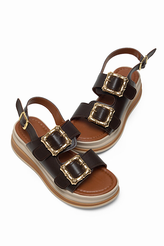 Women's Brown Comfortable Fit High Sole Buckle Sandals