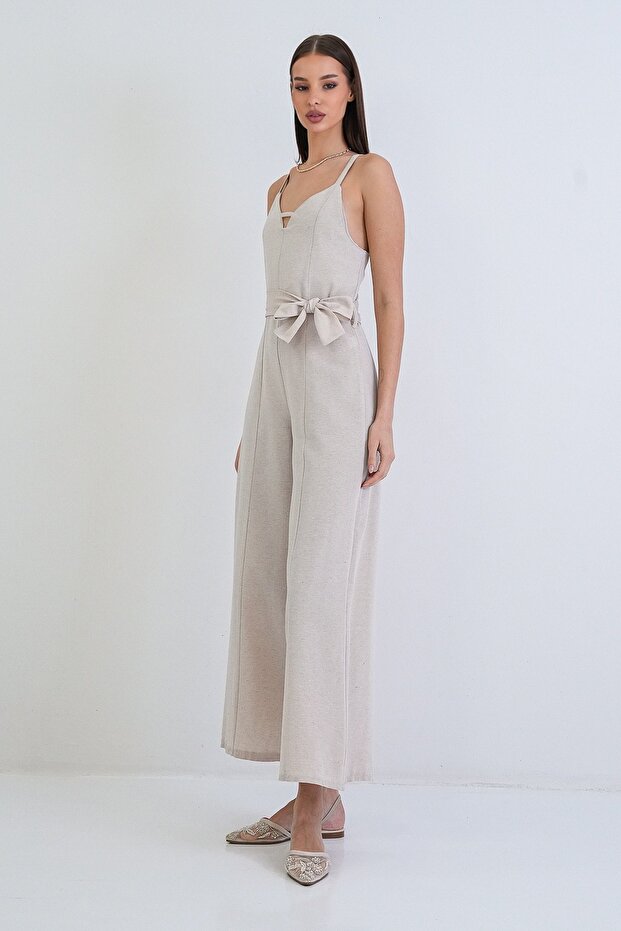 Linen Jumpsuit with Stone Adjustable Straps, Self-Waist Belt, and Back Zipper Alc-X15382