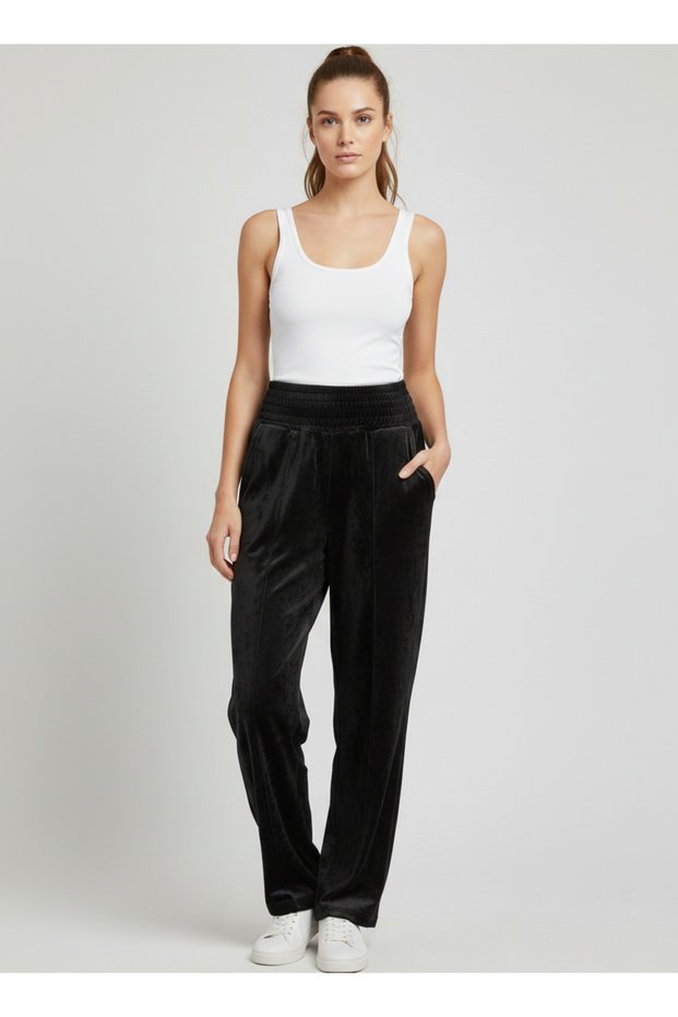 Women's Black Elastic Waist Soft Textured Velvet Sweatpants Nj107