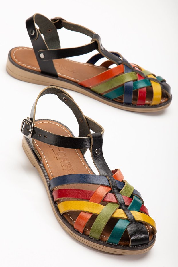 Zri̇n-205-02 Premium Black Multi Orthopedic Genuine Leather Women's Sandals