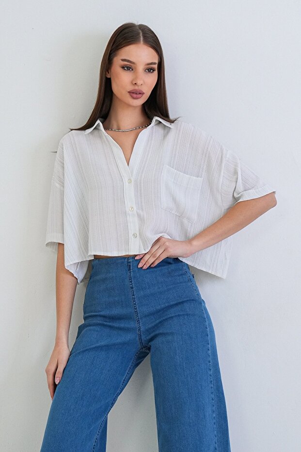 White Single Pocket Flared Linen Crop Shirt Alc-X15373