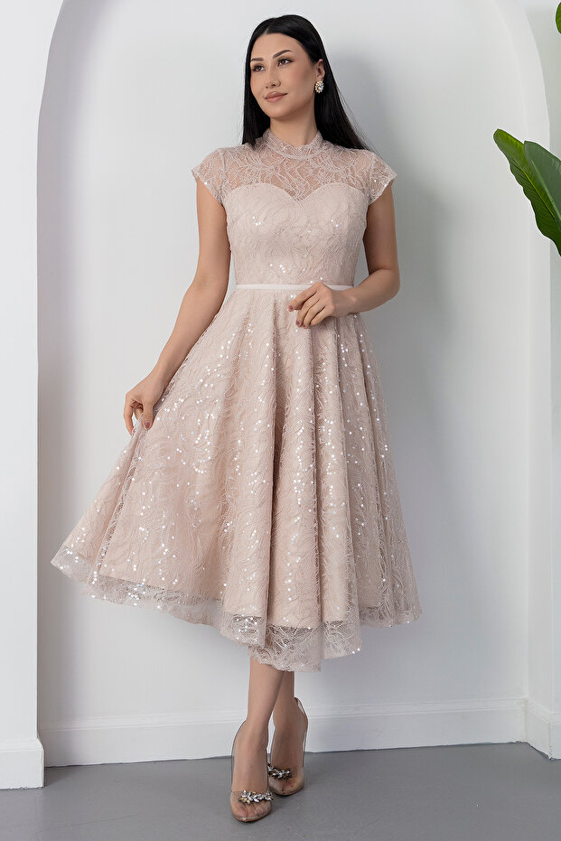 Bisiklet Yaka Gloplu Pul Payet Dantel Elbise BAL169 - 7