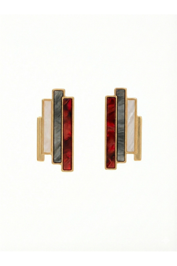 Geometric Bar Earrings with Burgundy and Gray Acrylic Detail