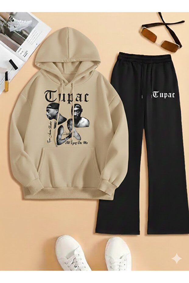 Unisex Hip-Hop Tupac Printed Hooded Wide Leg Baggy Tracksuit Set Bottom Top