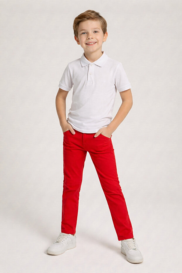 Boys White Polo Neck T-Shirt and Red Pants Set April 23Rd Show Outfit