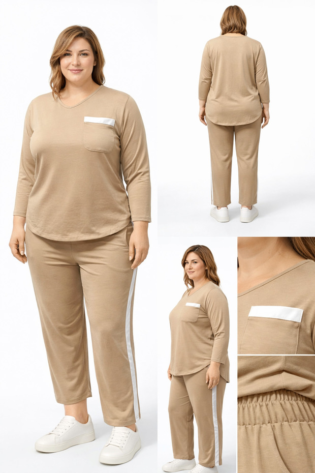 Plus Size Sweat Suit Full Lycra Ribbed Trendy Seasonal Elastic Waist Long Sleeves V-Neck Comfortable Suit