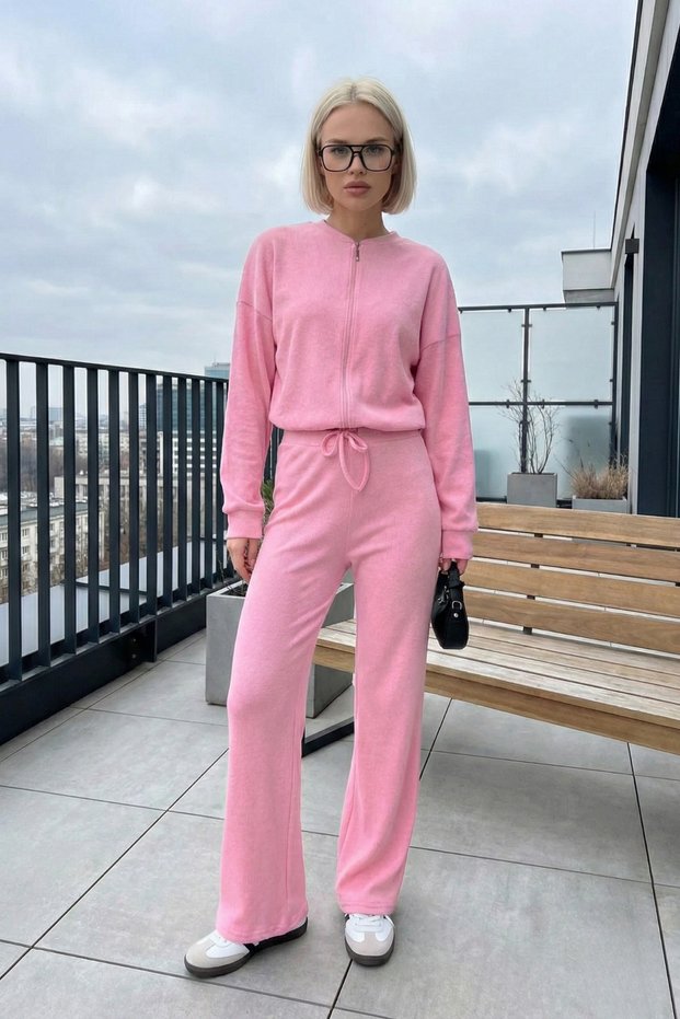 Women's College Jacket Ribbed Knit Trousers Two-Piece Set