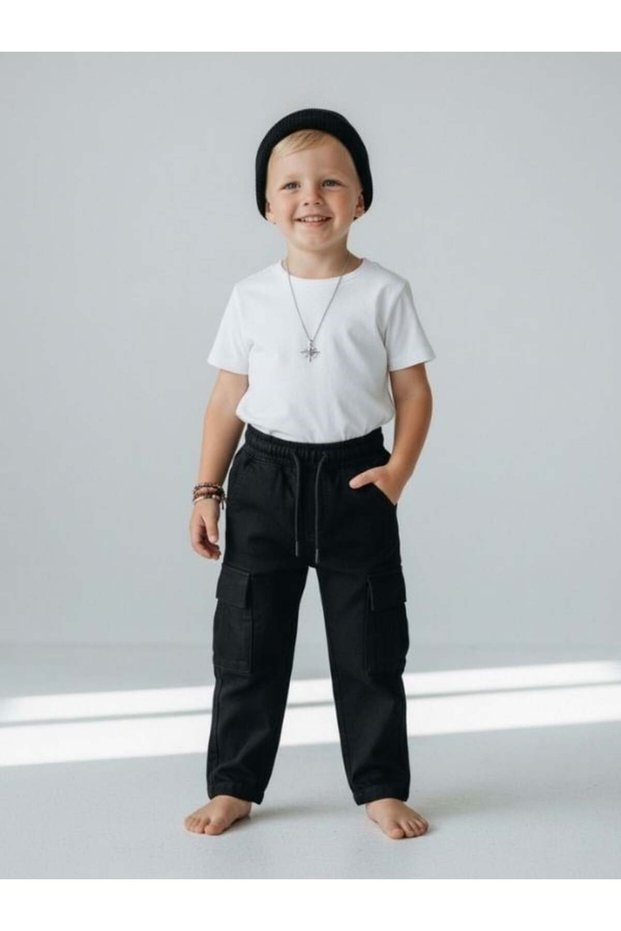 Boys' Soft Textured Trousers with Elastic Waist and Cargo Pockets