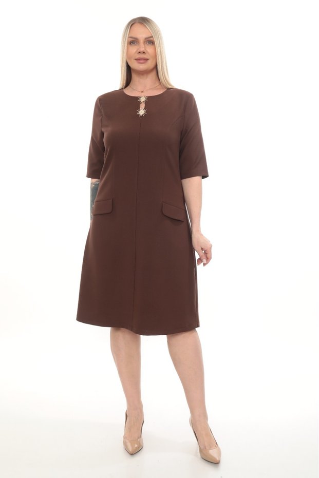Round Neck Buckle and Pocket Detailed Straight Cut Midi Dress Ets7290