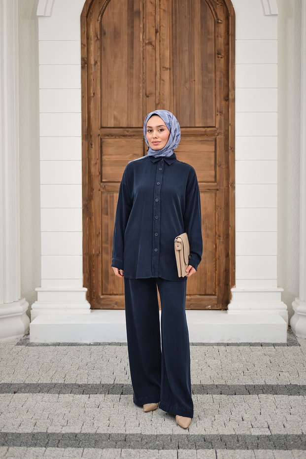 Women's Washed Detail Elastic Waist Piped Cuff Shirt Suit Navy Blue