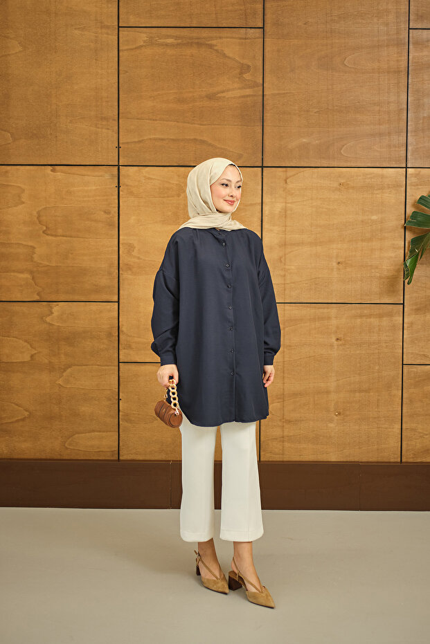 Kadın Hakim Yaka Basic Gömlek Lacivert - 3
