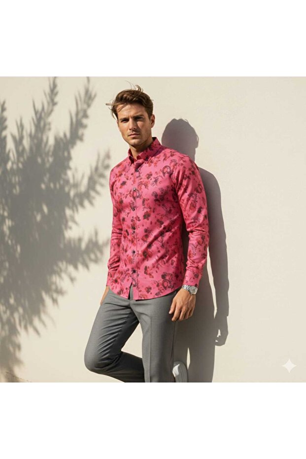 Long-Sleeved Men's Shirt with Floral and Paisley Patterns on a Fuchsia Background.