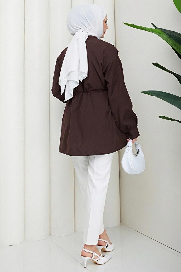تونيك مضلع بأزرار نصفية باللون البني HM2886 - 4