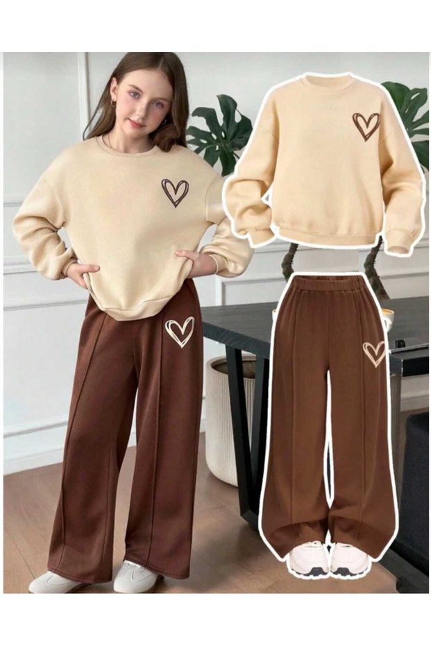 Winter Girl's Beige Brown Grassy Heart Printed Top and Bottom Winter Set