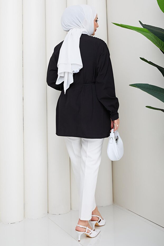 Ribbed Half Placket Buttoned Tunic Black Hm2886 - 6