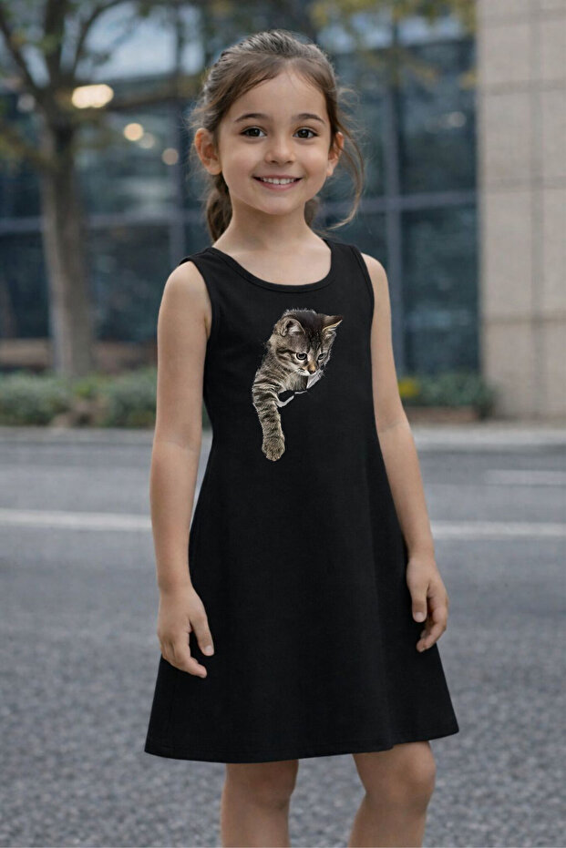 Girls' Summer Dress with Cat Print